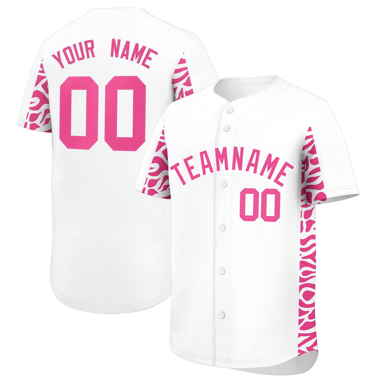 Custom White Pink Personalized Leopard Graffiti Pattern Side Design Authentic Baseball Jersey