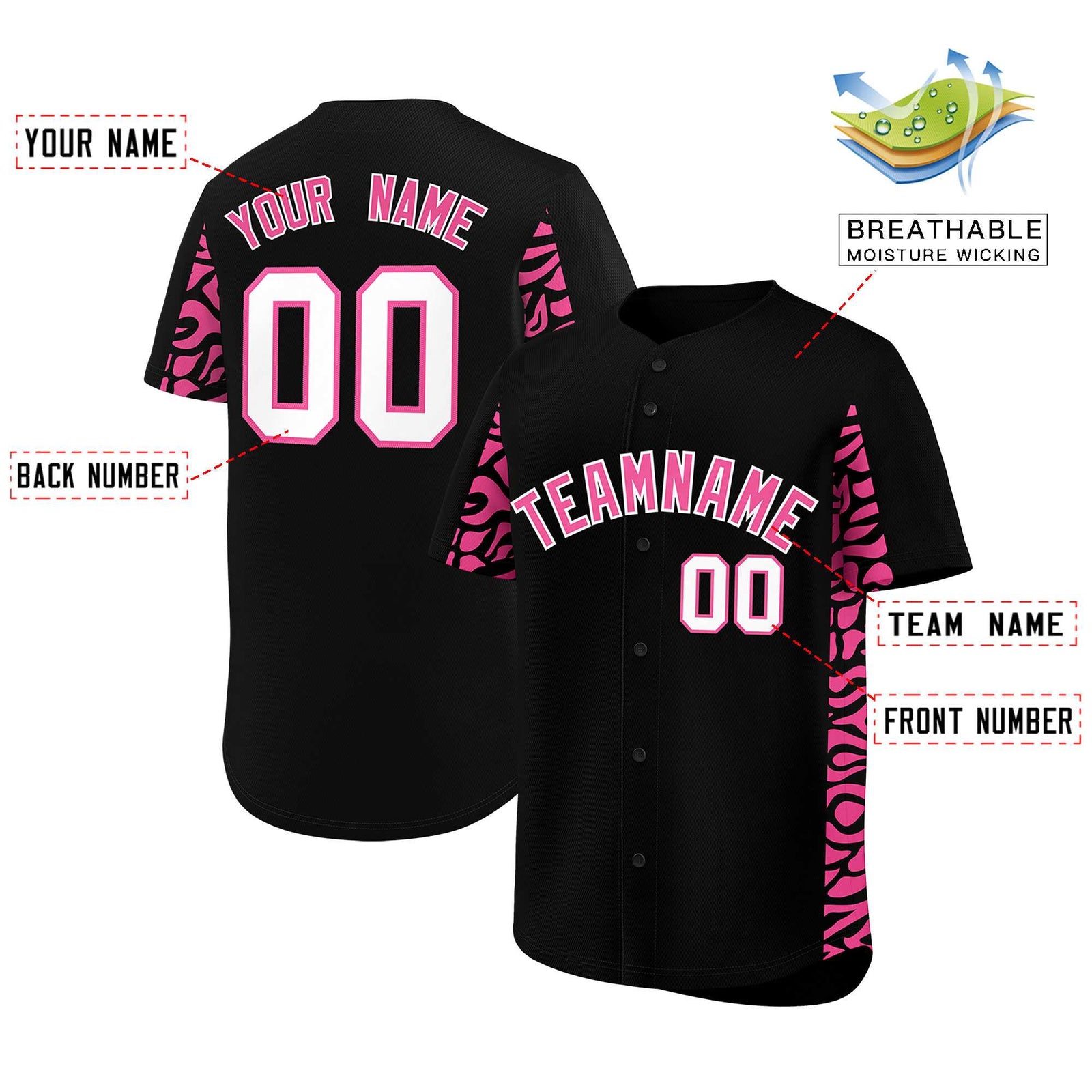Custom Black Pink Personalized Leopard Graffiti Pattern Side Design Authentic Baseball Jersey