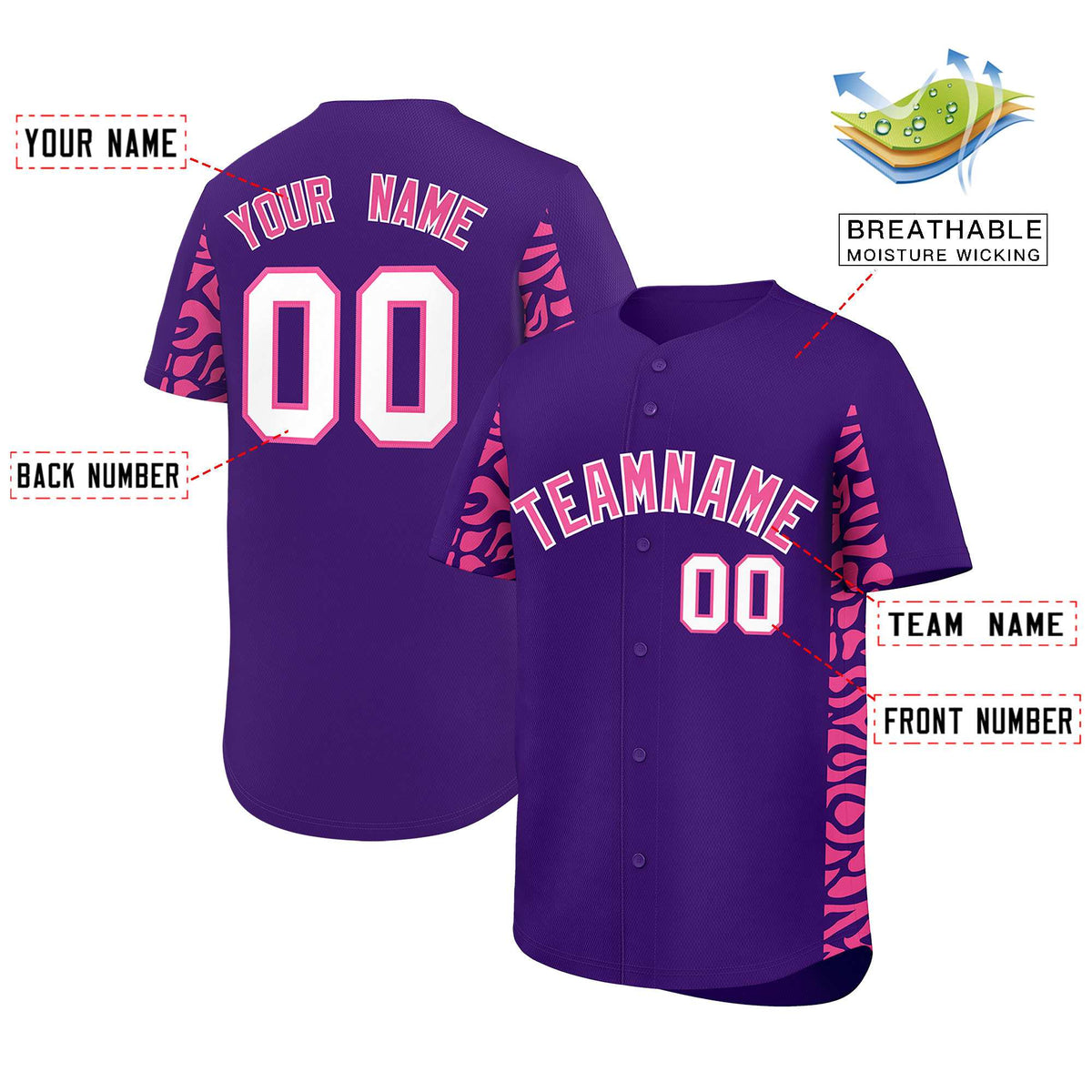Custom Purple Pink Personalized Leopard Graffiti Pattern Side Design Authentic Baseball Jersey