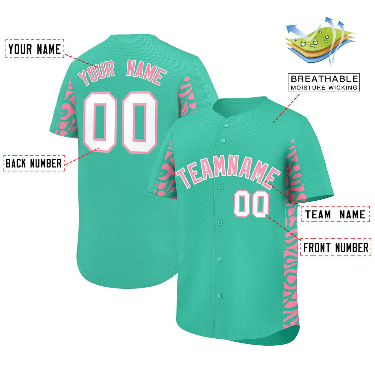 Custom Bright Green Light Pink Personalized Leopard Graffiti Pattern Side Design Authentic Baseball Jersey