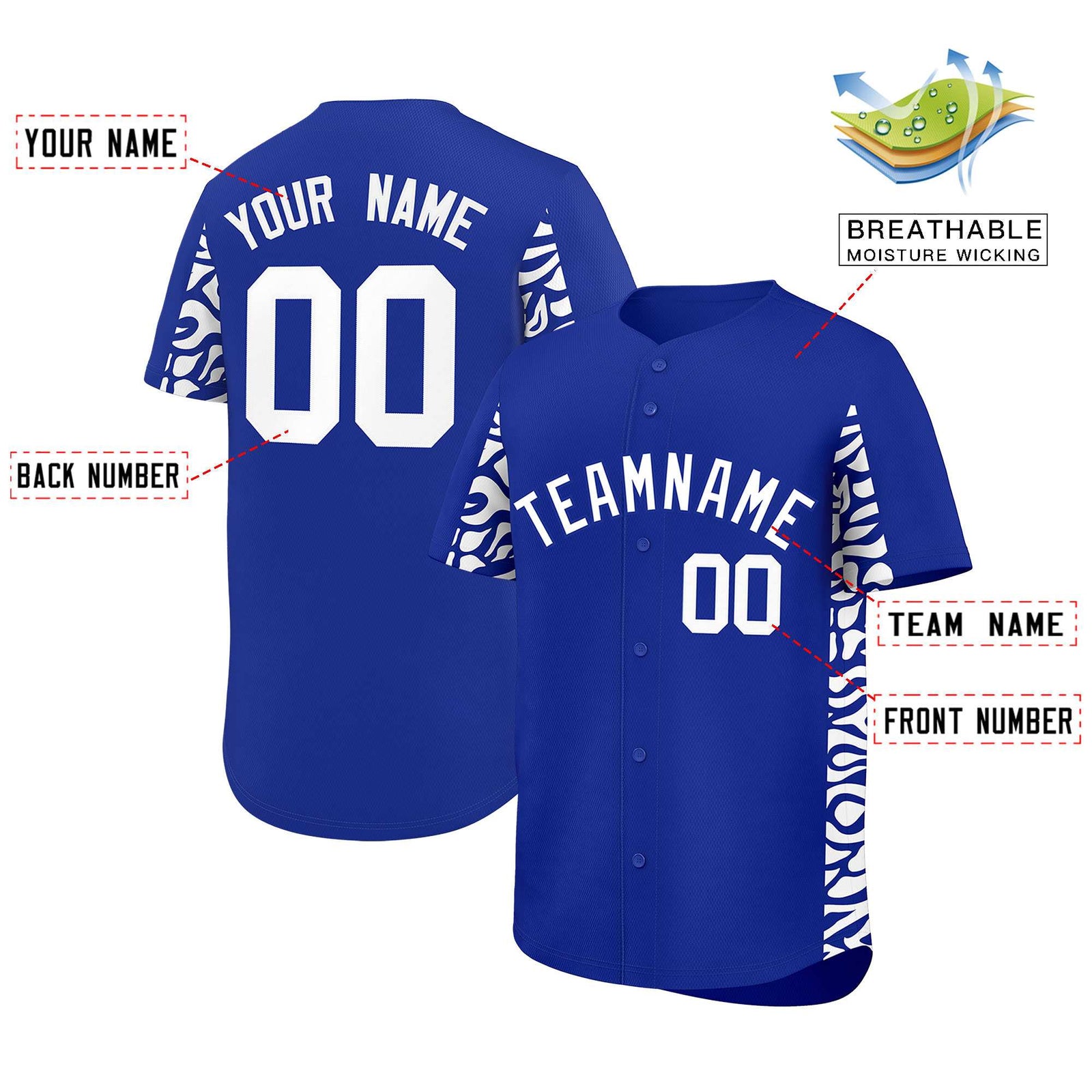 Custom Royal White Personalized Leopard Graffiti Pattern Side Design Authentic Baseball Jersey