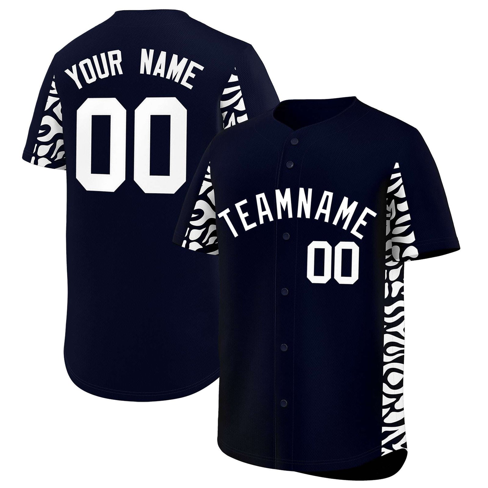 Custom Navy White Personalized Leopard Graffiti Pattern Side Design Authentic Baseball Jersey