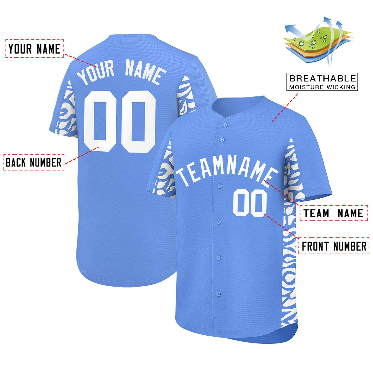 Custom Powder Blue White Personalized Leopard Graffiti Pattern Side Design Authentic Baseball Jersey