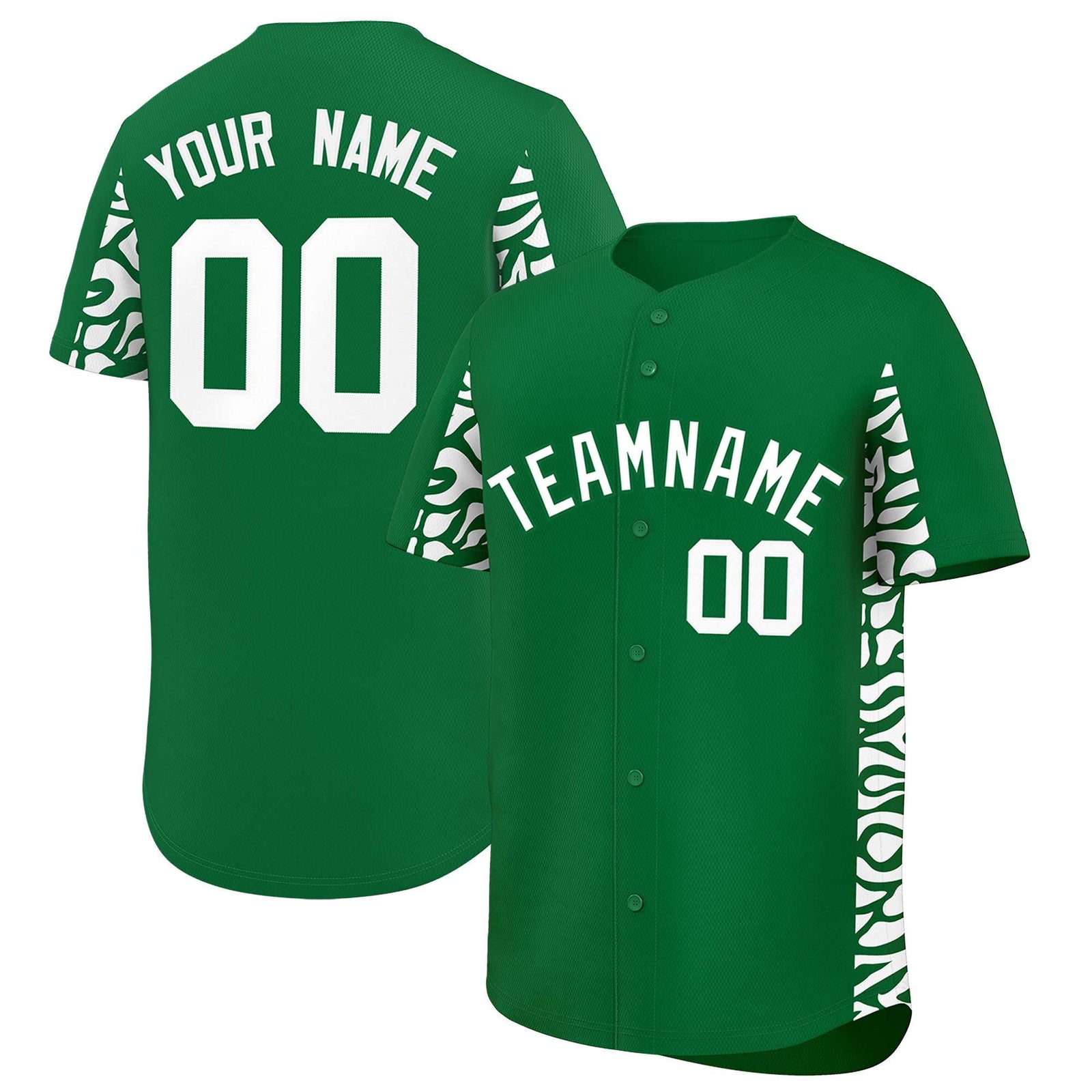 Custom Kelly Green White Personalized Leopard Graffiti Pattern Side Design Authentic Baseball Jersey