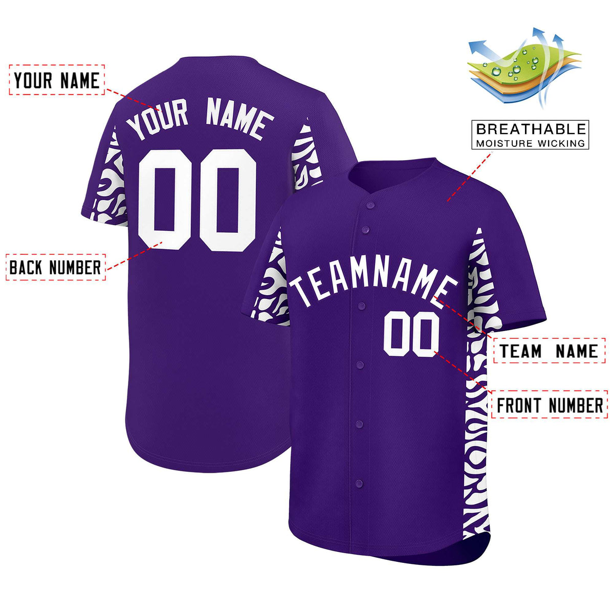 Custom Purple White Personalized Leopard Graffiti Pattern Side Design Authentic Baseball Jersey