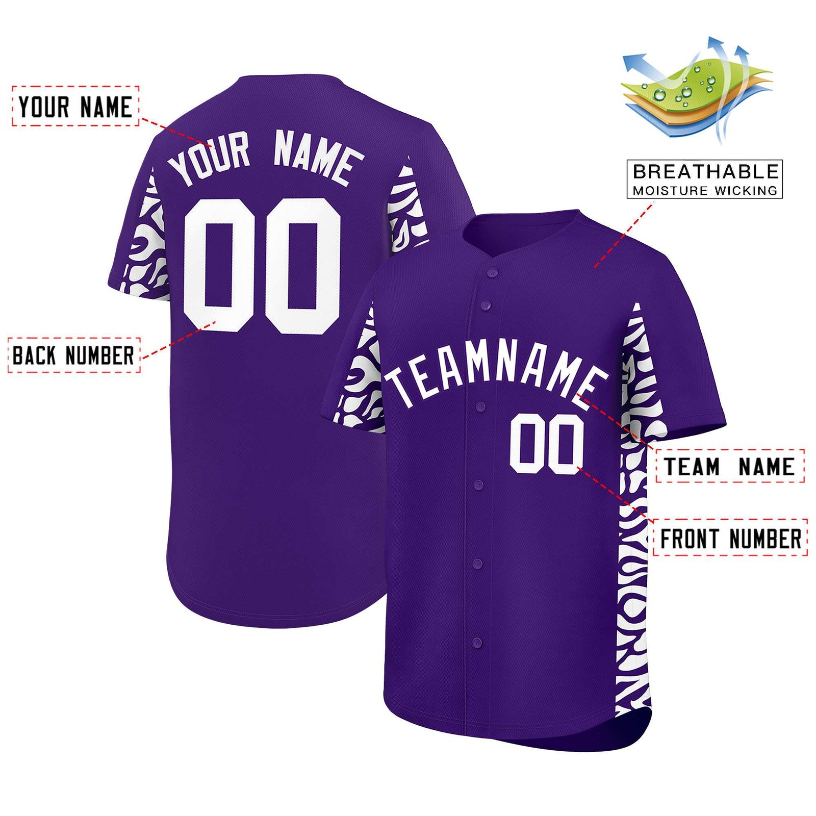 Custom Purple White Personalized Leopard Graffiti Pattern Side Design Authentic Baseball Jersey