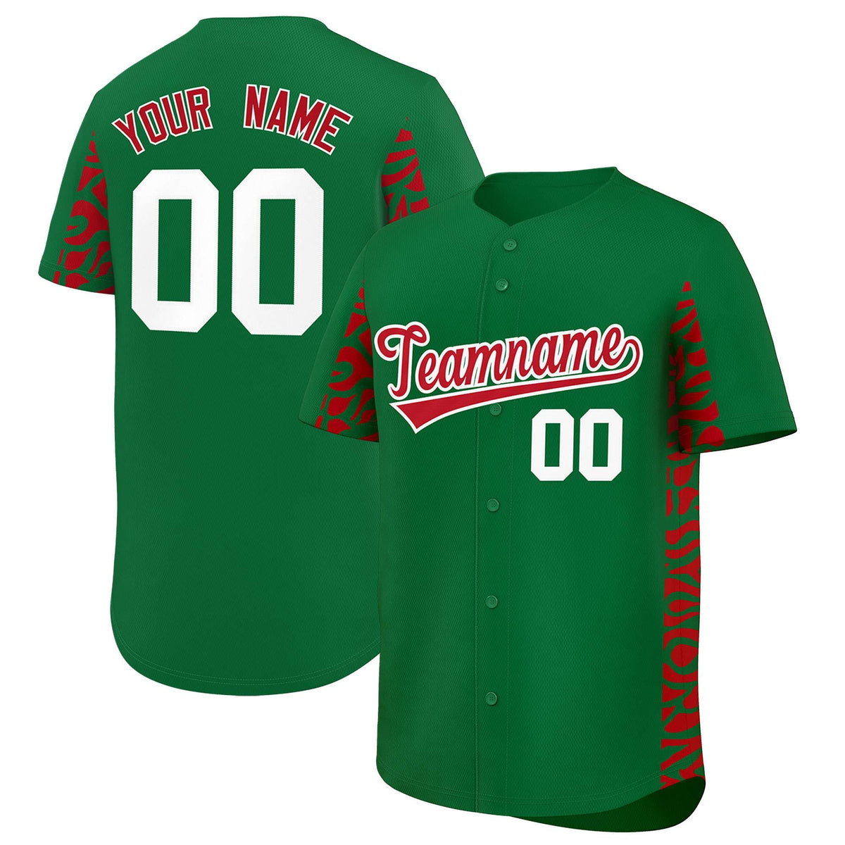 Custom Kelly Green Red Personalized Leopard Graffiti Pattern Side Design Authentic Baseball Jersey