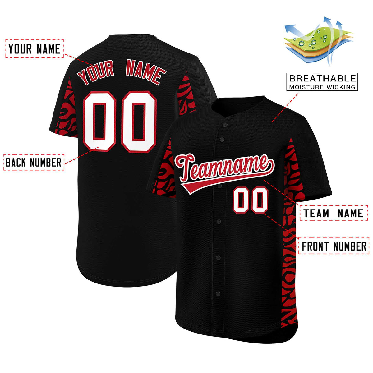 Custom Black Red Personalized Leopard Graffiti Pattern Side Design Authentic Baseball Jersey