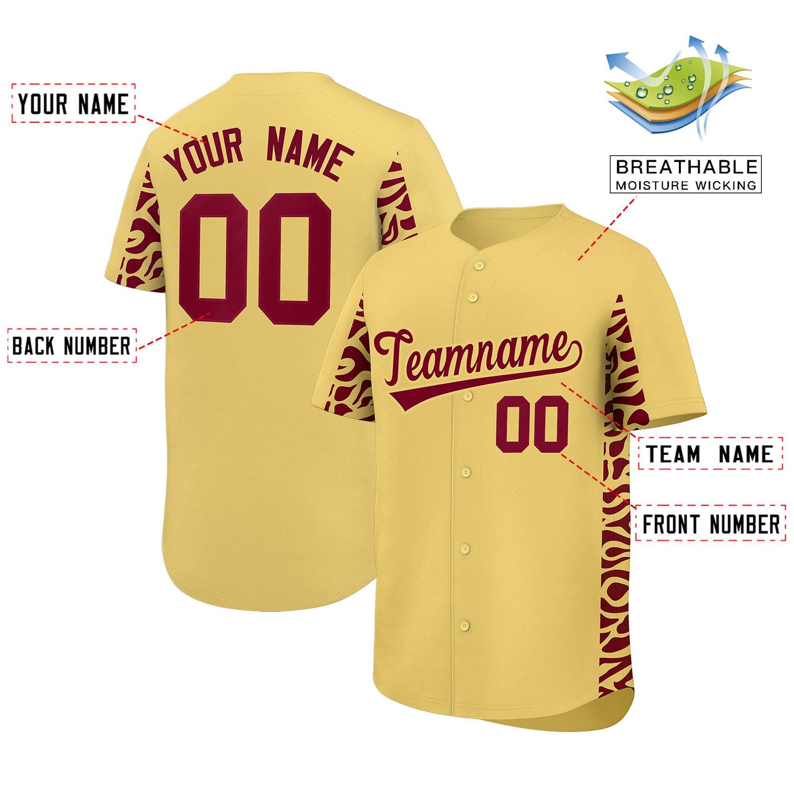 Custom Khaki Crimson Personalized Leopard Graffiti Pattern Side Design Authentic Baseball Jersey