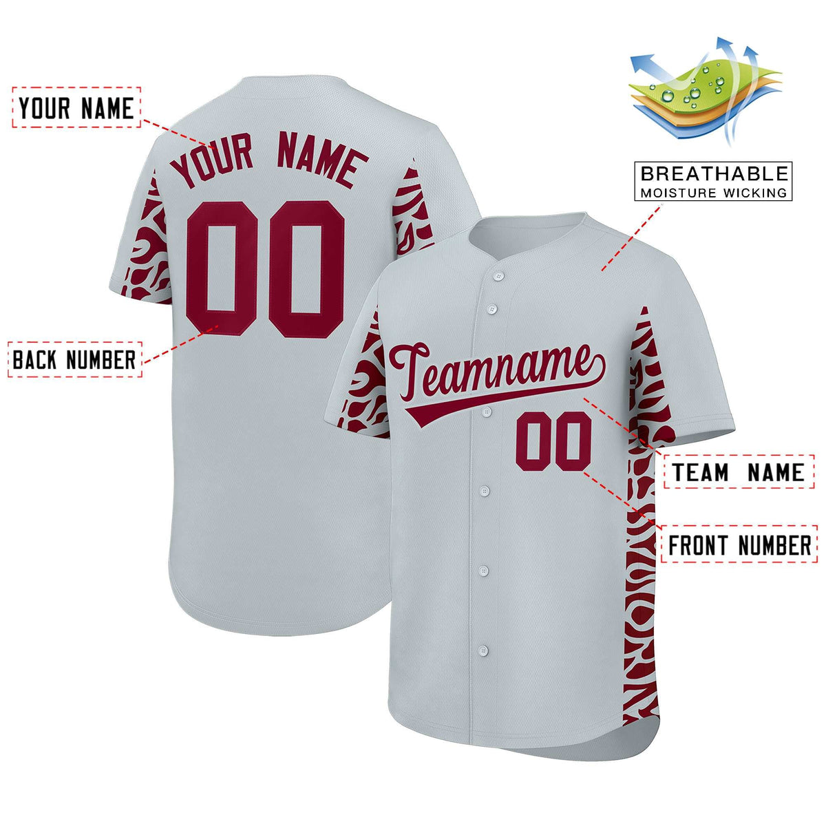 Custom Silver Crimson Personalized Leopard Graffiti Pattern Side Design Authentic Baseball Jersey