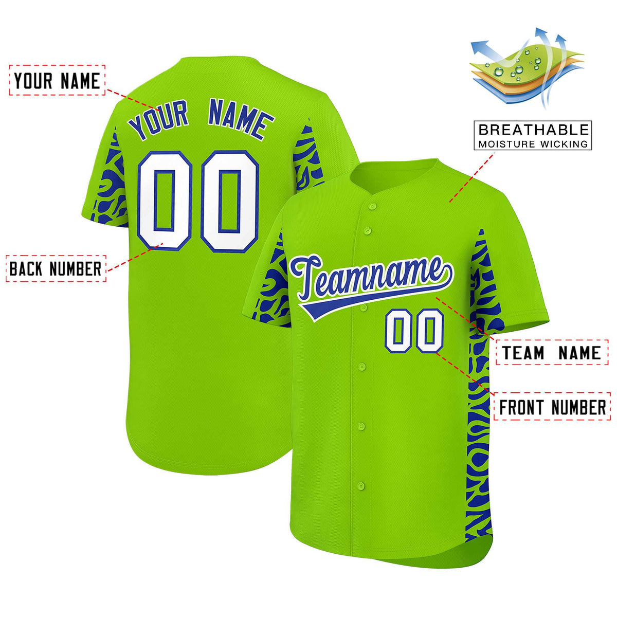 Custom Neon Green Royal Personalized Leopard Graffiti Pattern Side Design Authentic Baseball Jersey