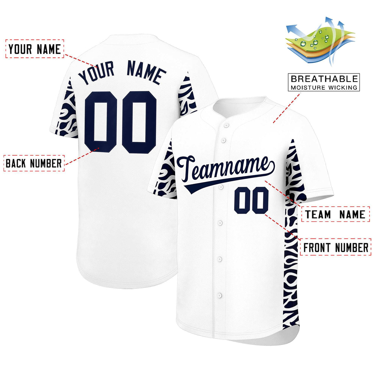 Custom White Navy Personalized Leopard Graffiti Pattern Side Design Authentic Baseball Jersey