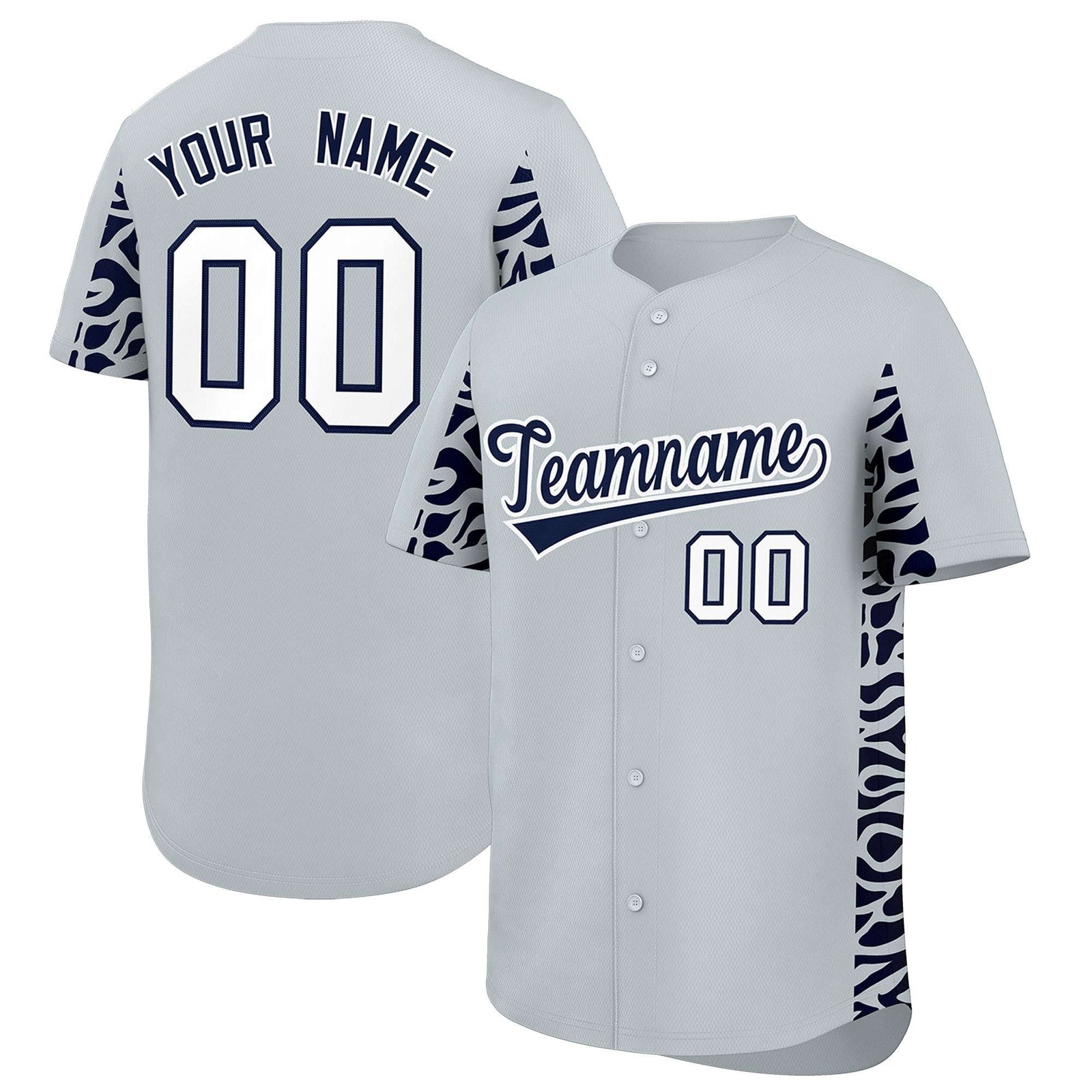 Custom Silver Navy Personalized Leopard Graffiti Pattern Side Design Authentic Baseball Jersey