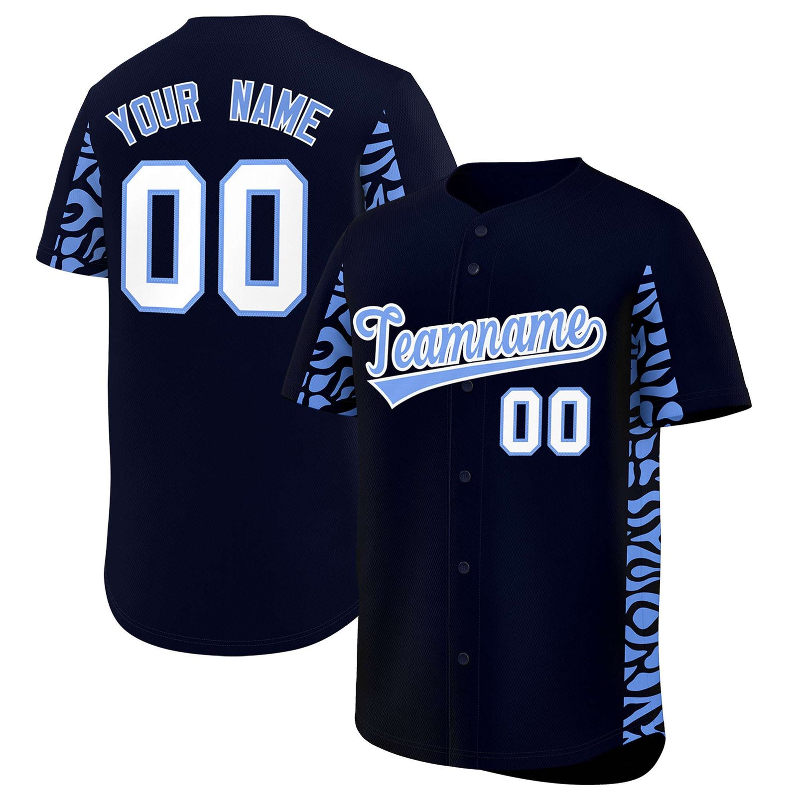 Custom Navy Powder Blue Personalized Leopard Graffiti Pattern Side Design Authentic Baseball Jersey