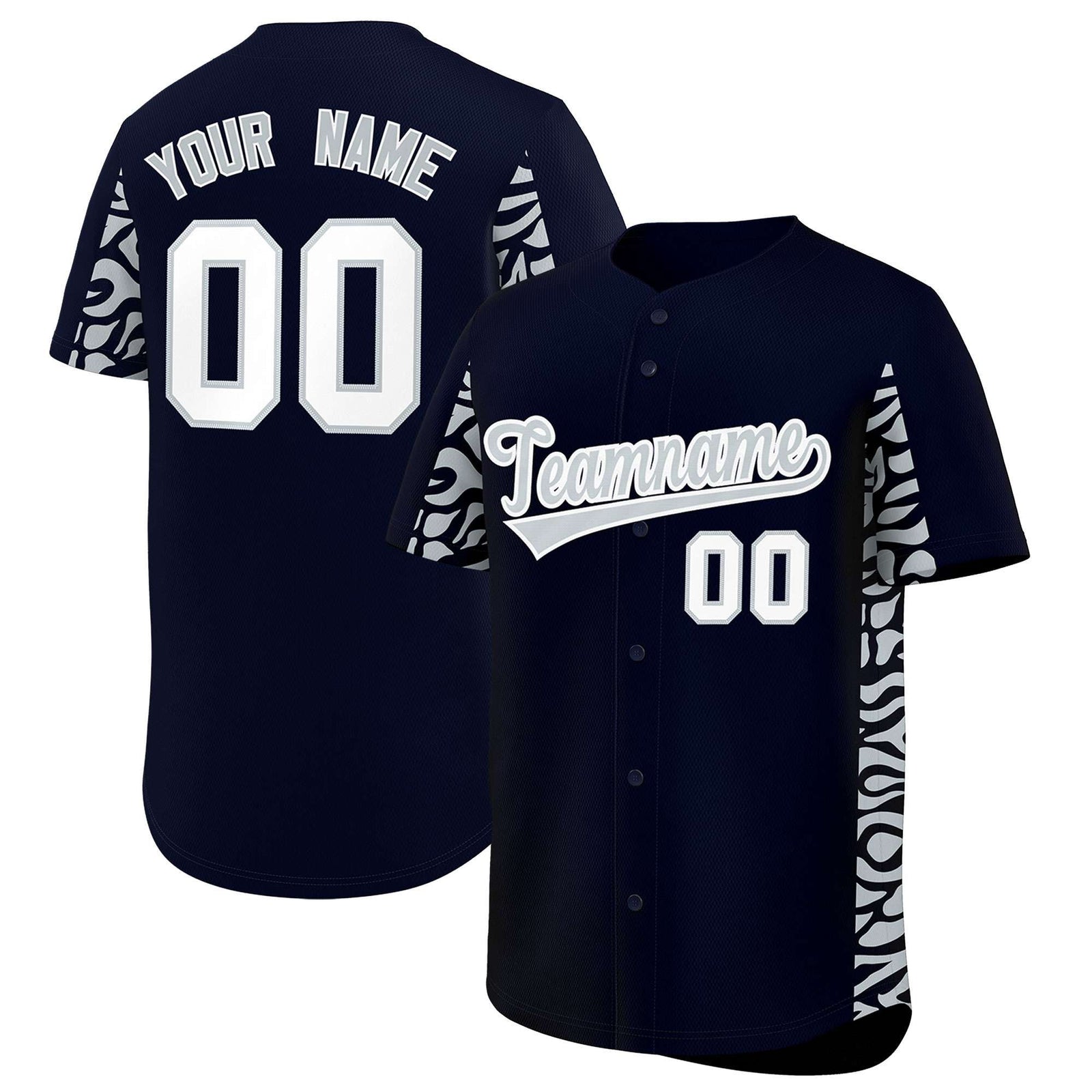 Custom Navy Silver Personalized Leopard Graffiti Pattern Side Design Authentic Baseball Jersey