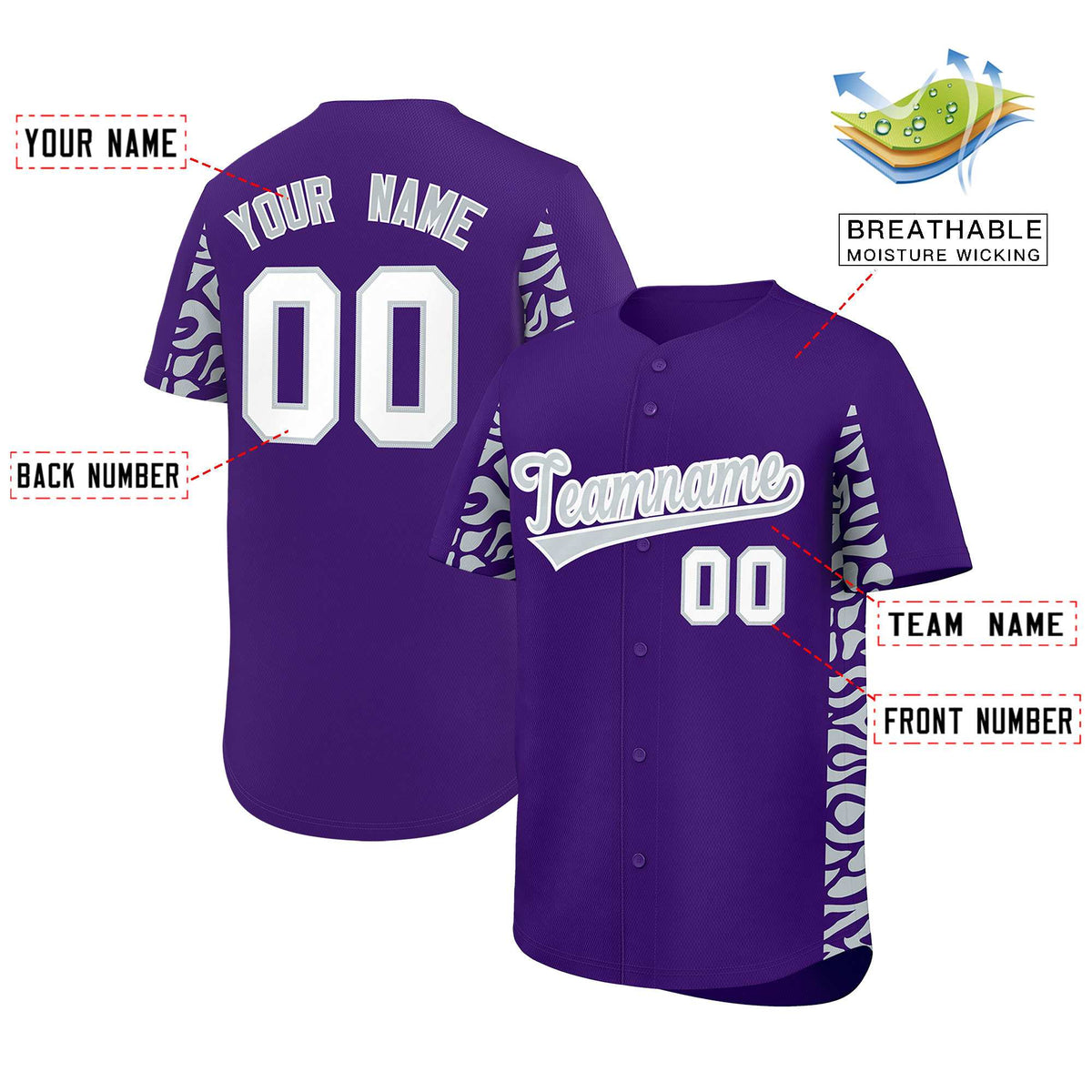 Custom Purple Silver Personalized Leopard Graffiti Pattern Side Design Authentic Baseball Jersey