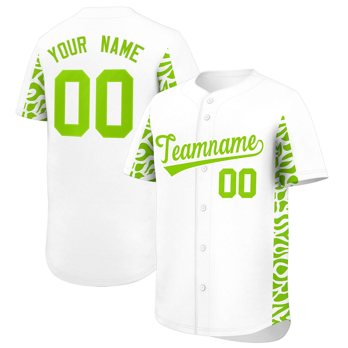 Custom White Neon Green Personalized Leopard Graffiti Pattern Side Design Authentic Baseball Jersey