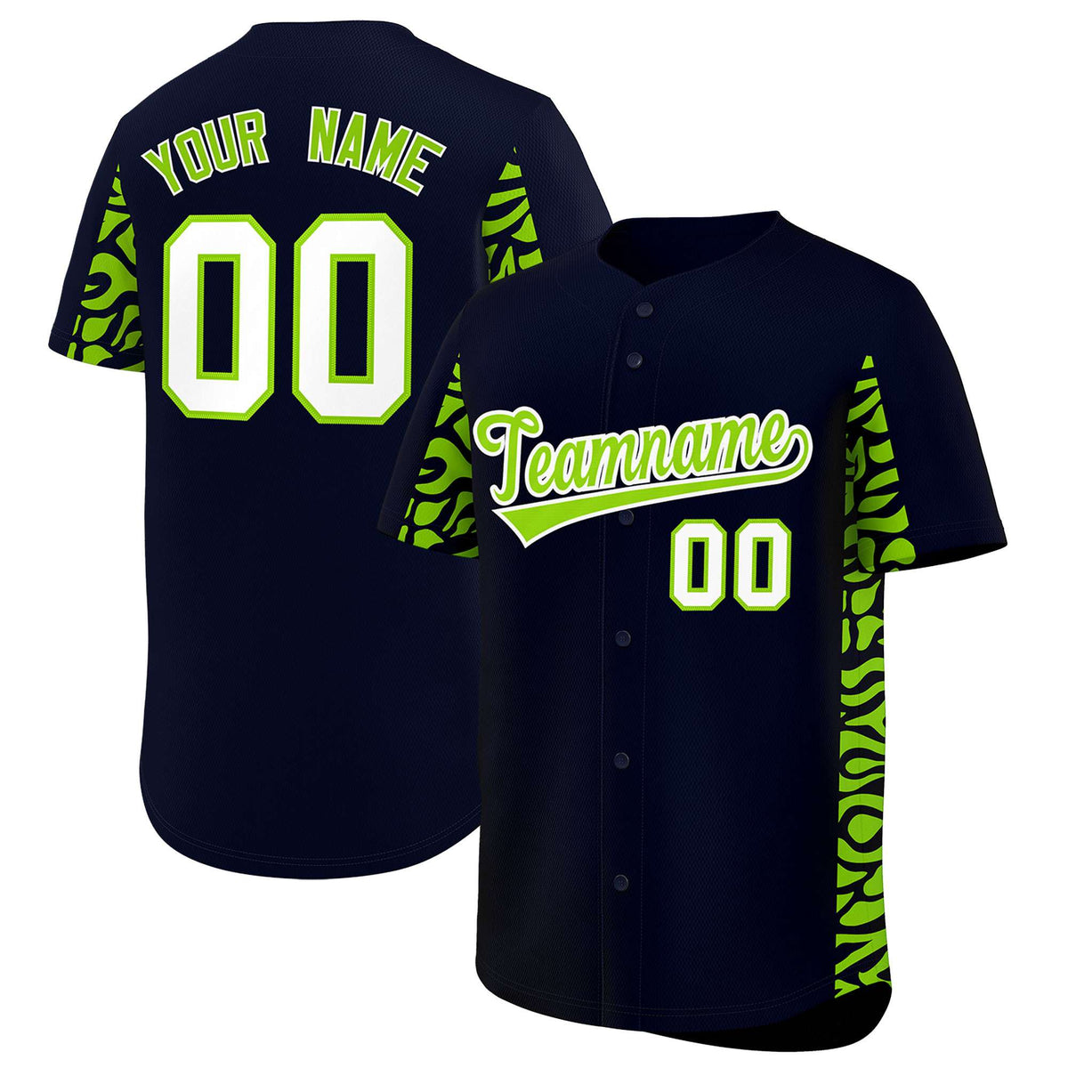 Custom Navy Neon Green Personalized Leopard Graffiti Pattern Side Design Authentic Baseball Jersey