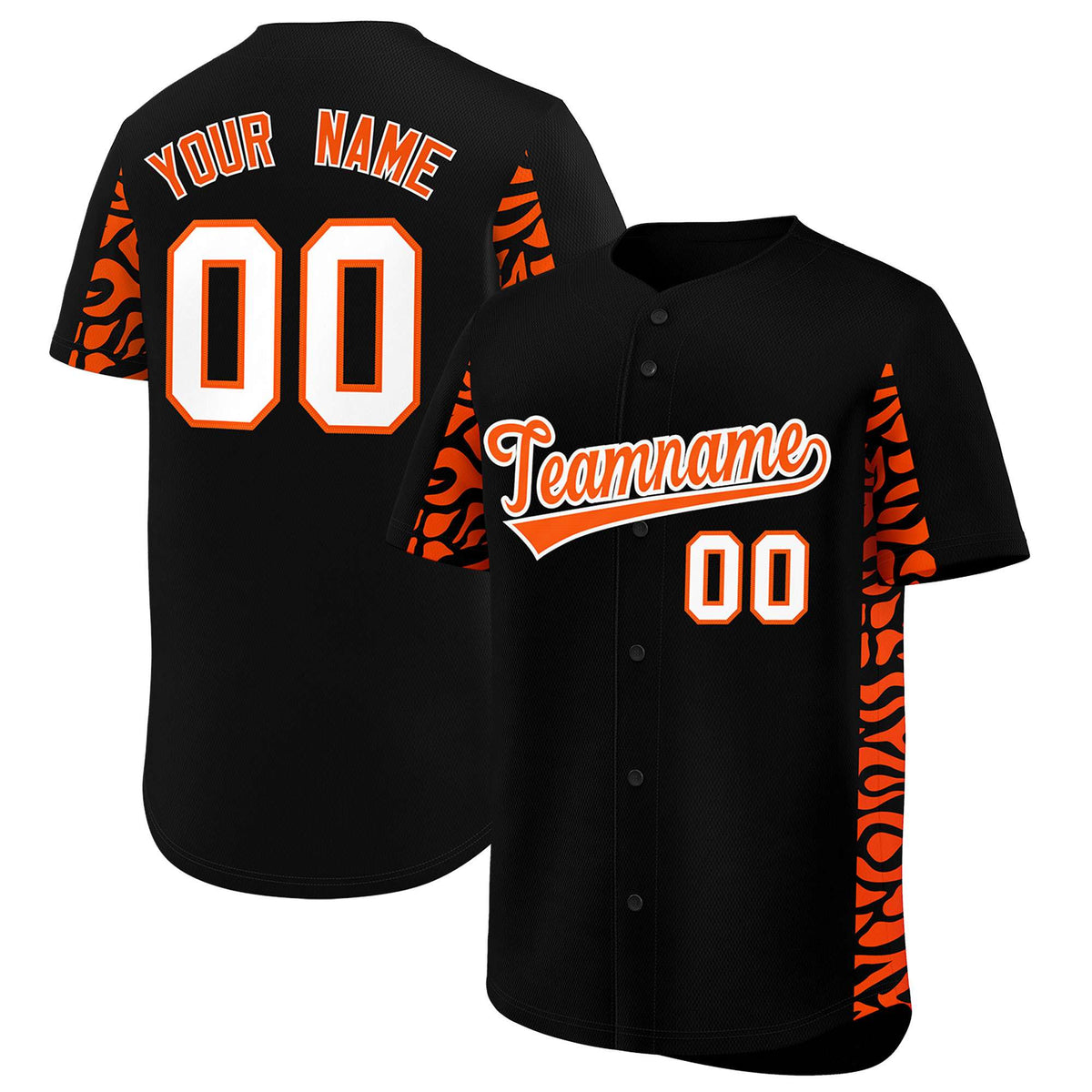 Custom Black Orange Personalized Leopard Graffiti Pattern Side Design Authentic Baseball Jersey