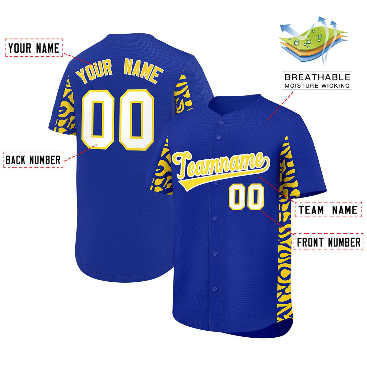 Custom Royal Gold Personalized Leopard Graffiti Pattern Side Design Authentic Baseball Jersey