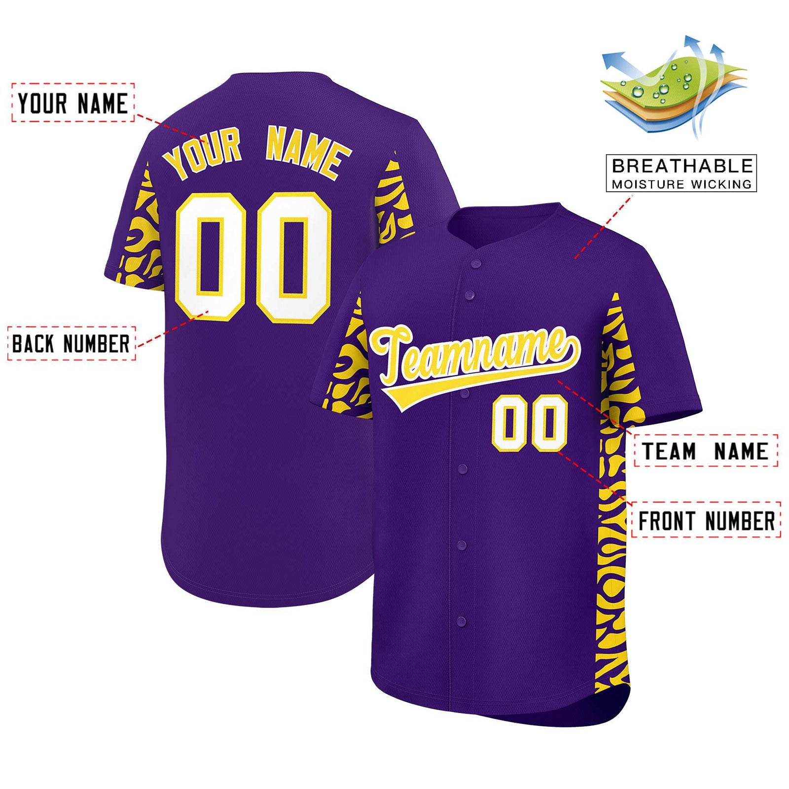 Custom Purple Gold Personalized Leopard Graffiti Pattern Side Design Authentic Baseball Jersey