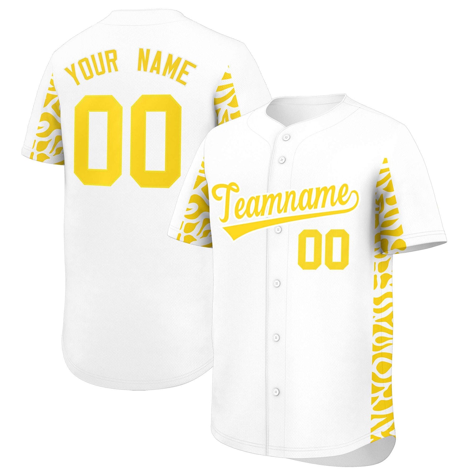 Custom White Gold Personalized Leopard Graffiti Pattern Side Design Authentic Baseball Jersey