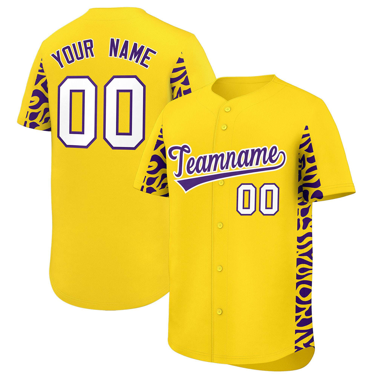 Custom Gold Purple Personalized Leopard Graffiti Pattern Side Design Authentic Baseball Jersey