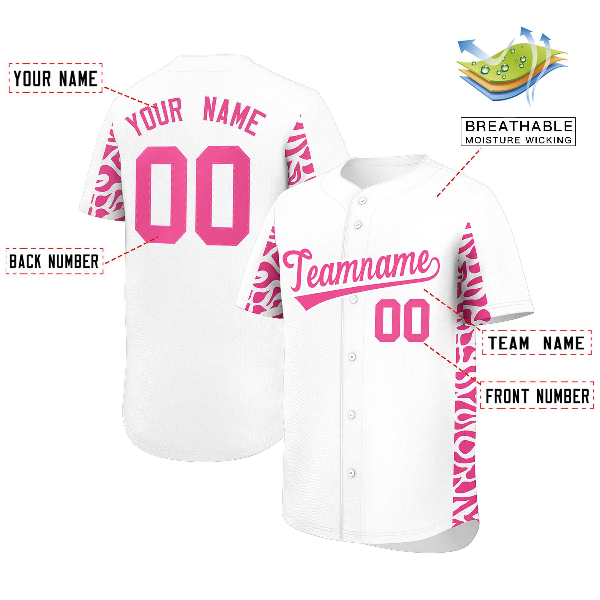 Custom White Pink Personalized Leopard Graffiti Pattern Side Design Authentic Baseball Jersey