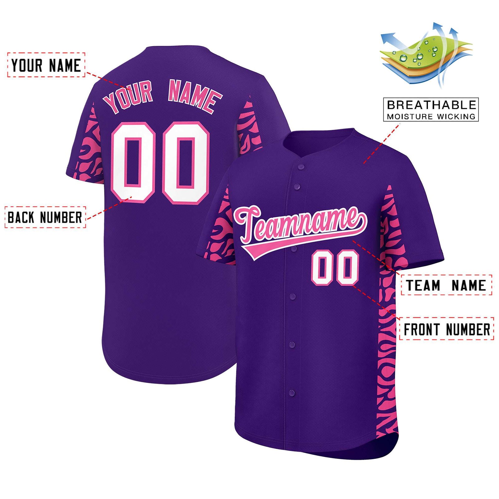 Custom Purple Pink Personalized Leopard Graffiti Pattern Side Design Authentic Baseball Jersey