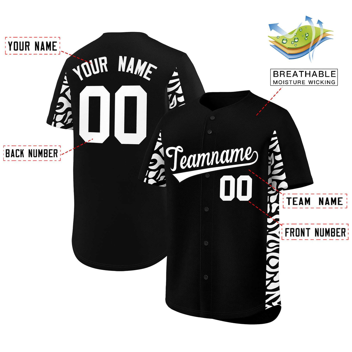 Custom Black White Personalized Leopard Graffiti Pattern Side Design Authentic Baseball Jersey