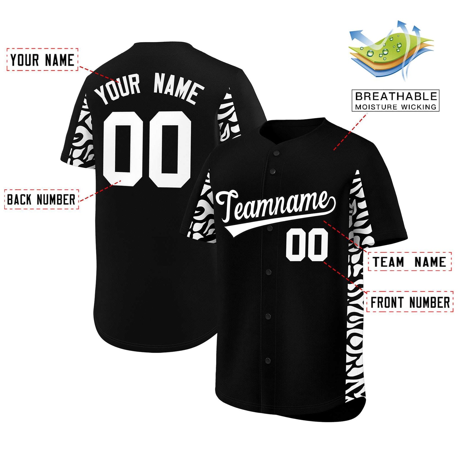Custom Black White Personalized Leopard Graffiti Pattern Side Design Authentic Baseball Jersey