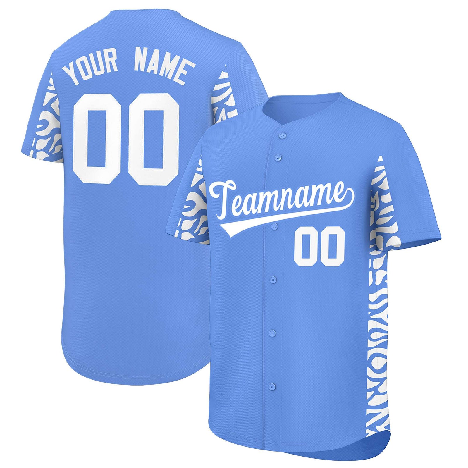 Custom Powder Blue White Personalized Leopard Graffiti Pattern Side Design Authentic Baseball Jersey