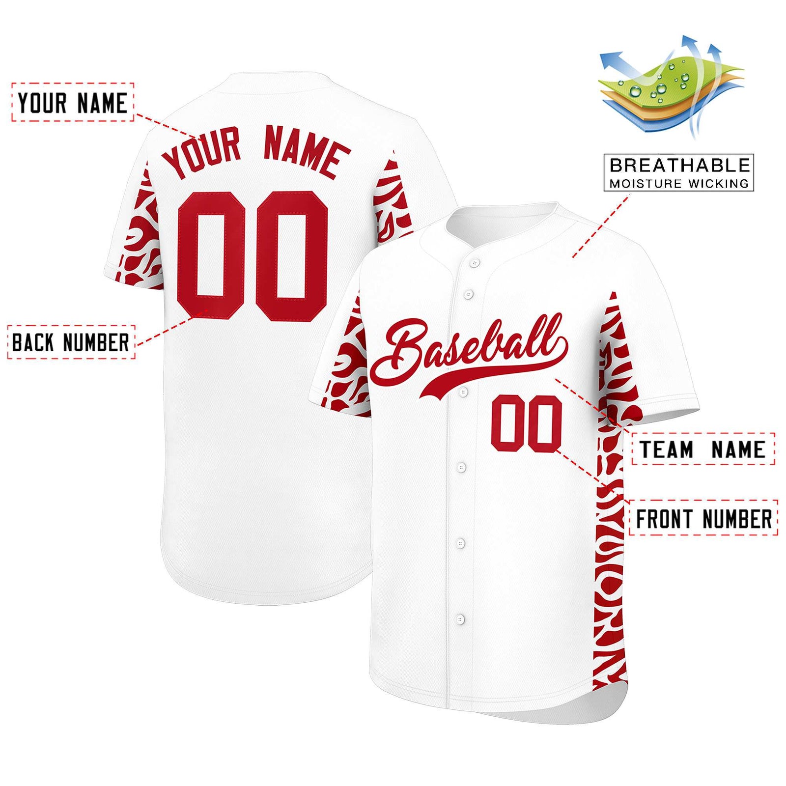 Custom White Red Personalized Leopard Graffiti Pattern Side Design Authentic Baseball Jersey