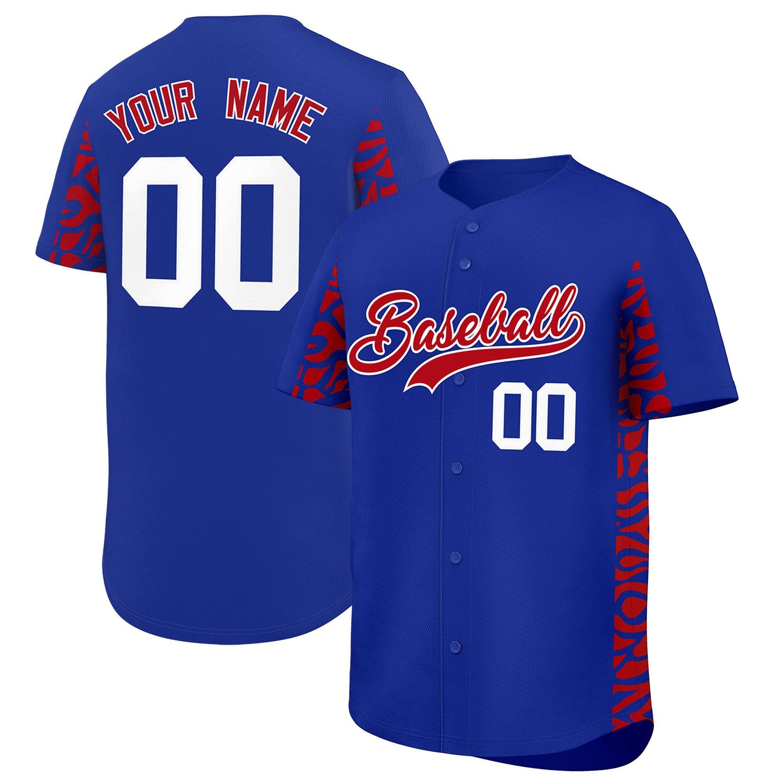 Custom Royal Red Personalized Leopard Graffiti Pattern Side Design Authentic Baseball Jersey