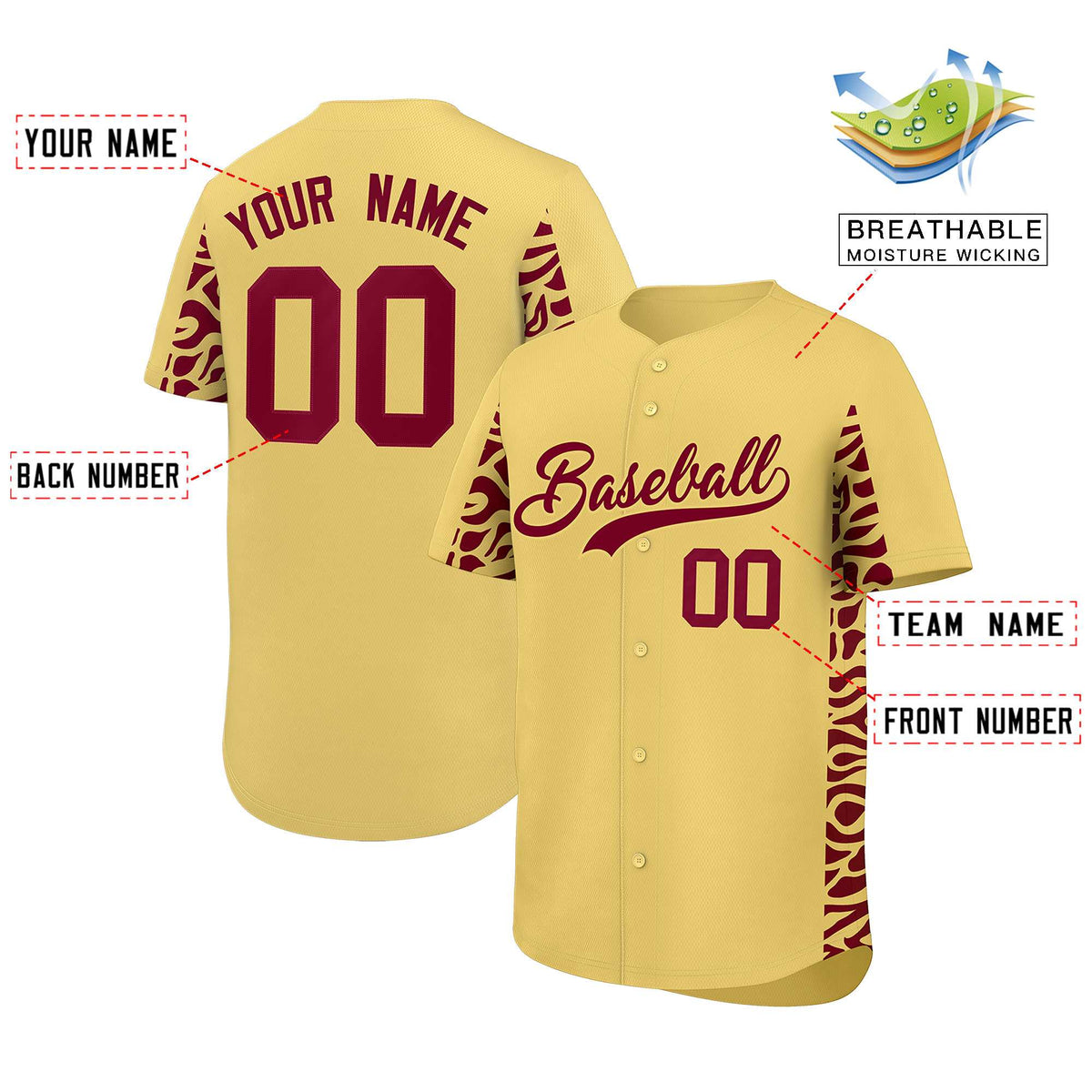 Custom Khaki Crimson Personalized Leopard Graffiti Pattern Side Design Authentic Baseball Jersey