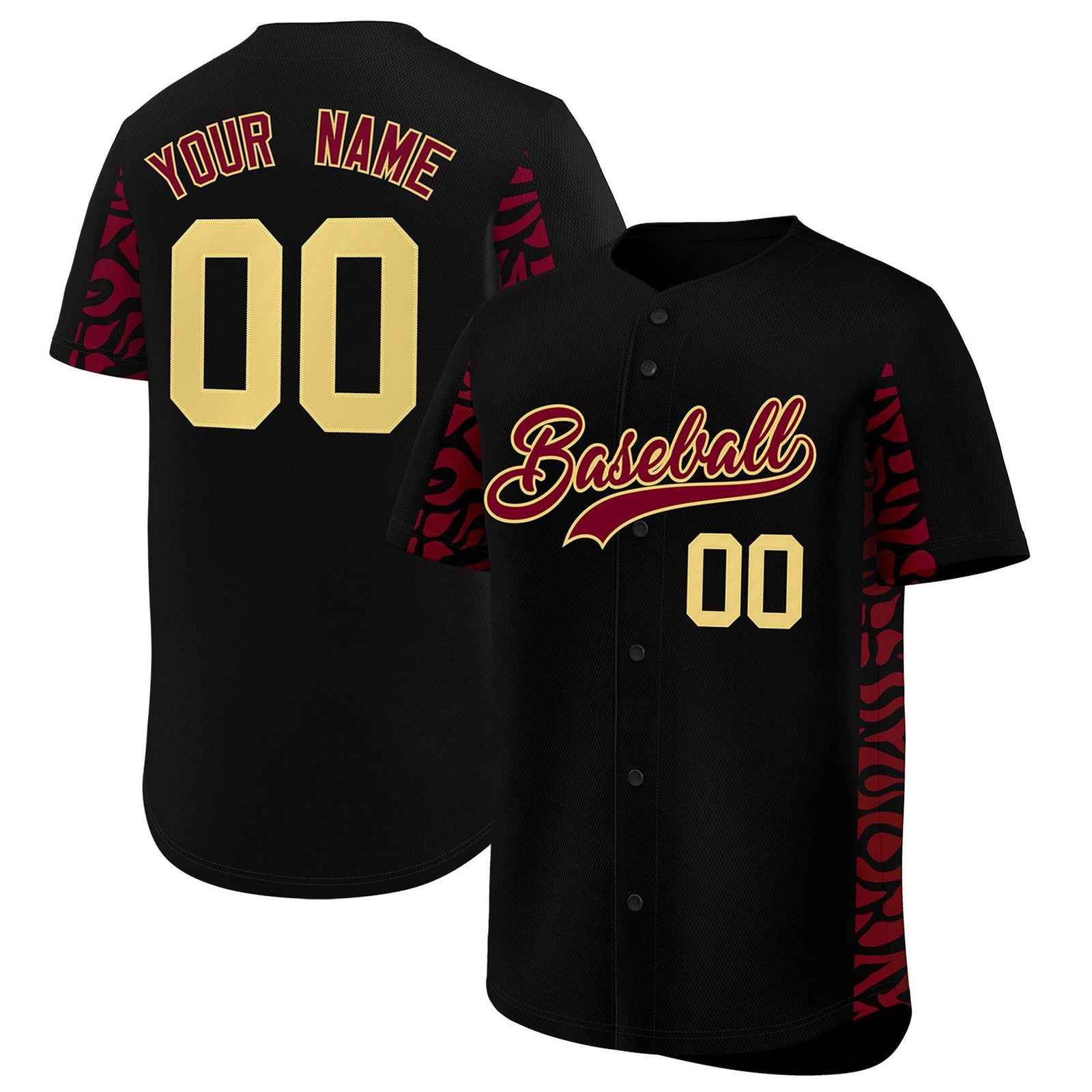 Custom Black Crimson Personalized Leopard Graffiti Pattern Side Design Authentic Baseball Jersey