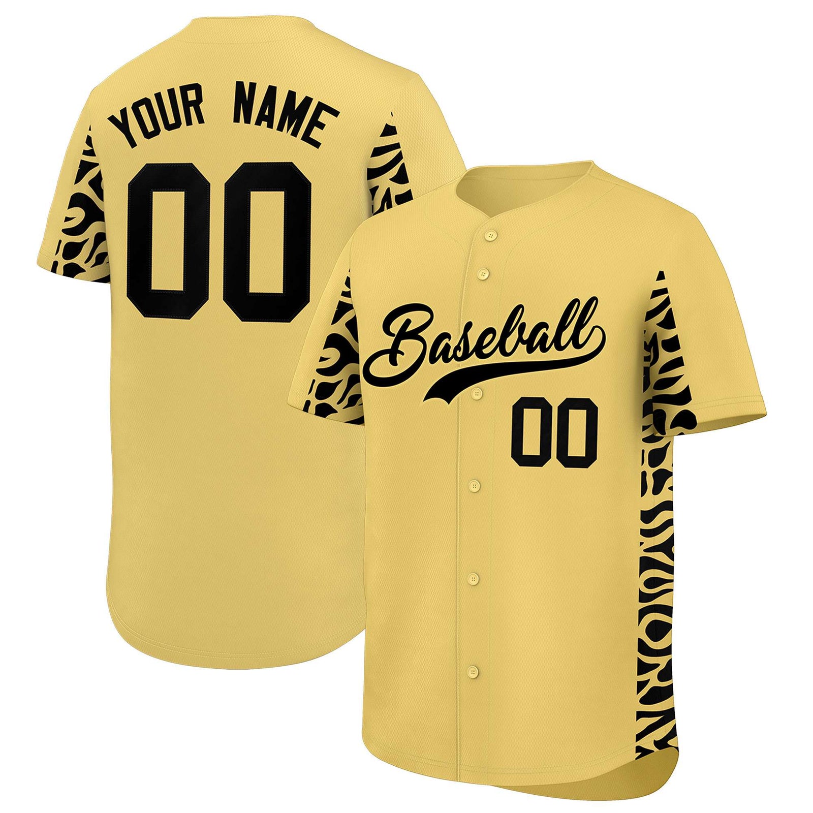 Custom Khaki Black Personalized Leopard Graffiti Pattern Side Design Authentic Baseball Jersey