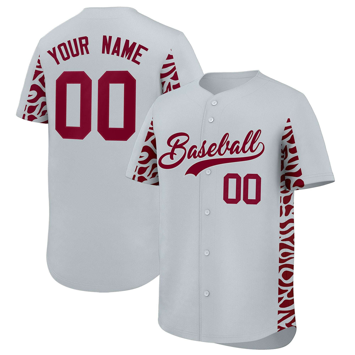Custom Silver Crimson Personalized Leopard Graffiti Pattern Side Design Authentic Baseball Jersey