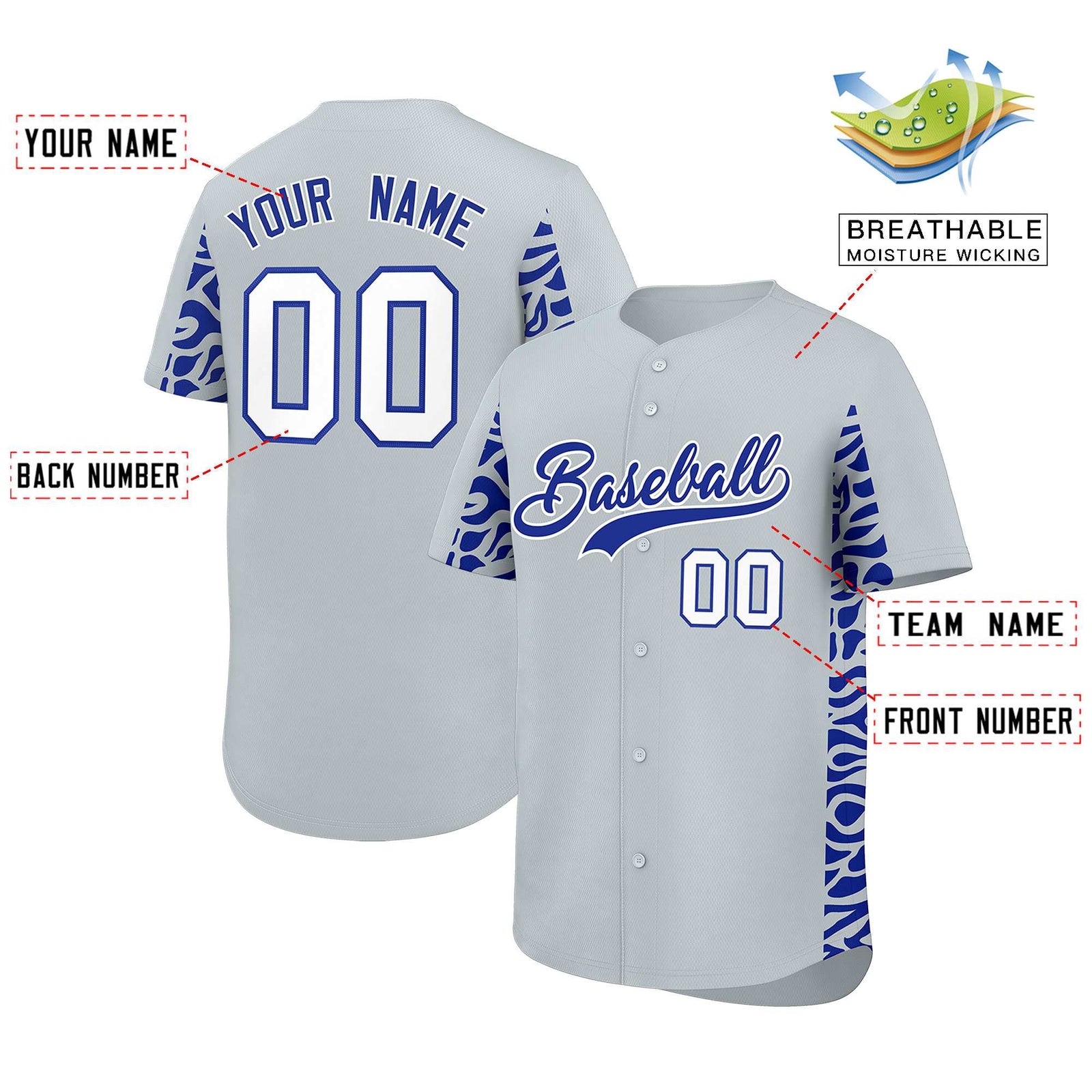 Custom Silver Royal Personalized Leopard Graffiti Pattern Side Design Authentic Baseball Jersey