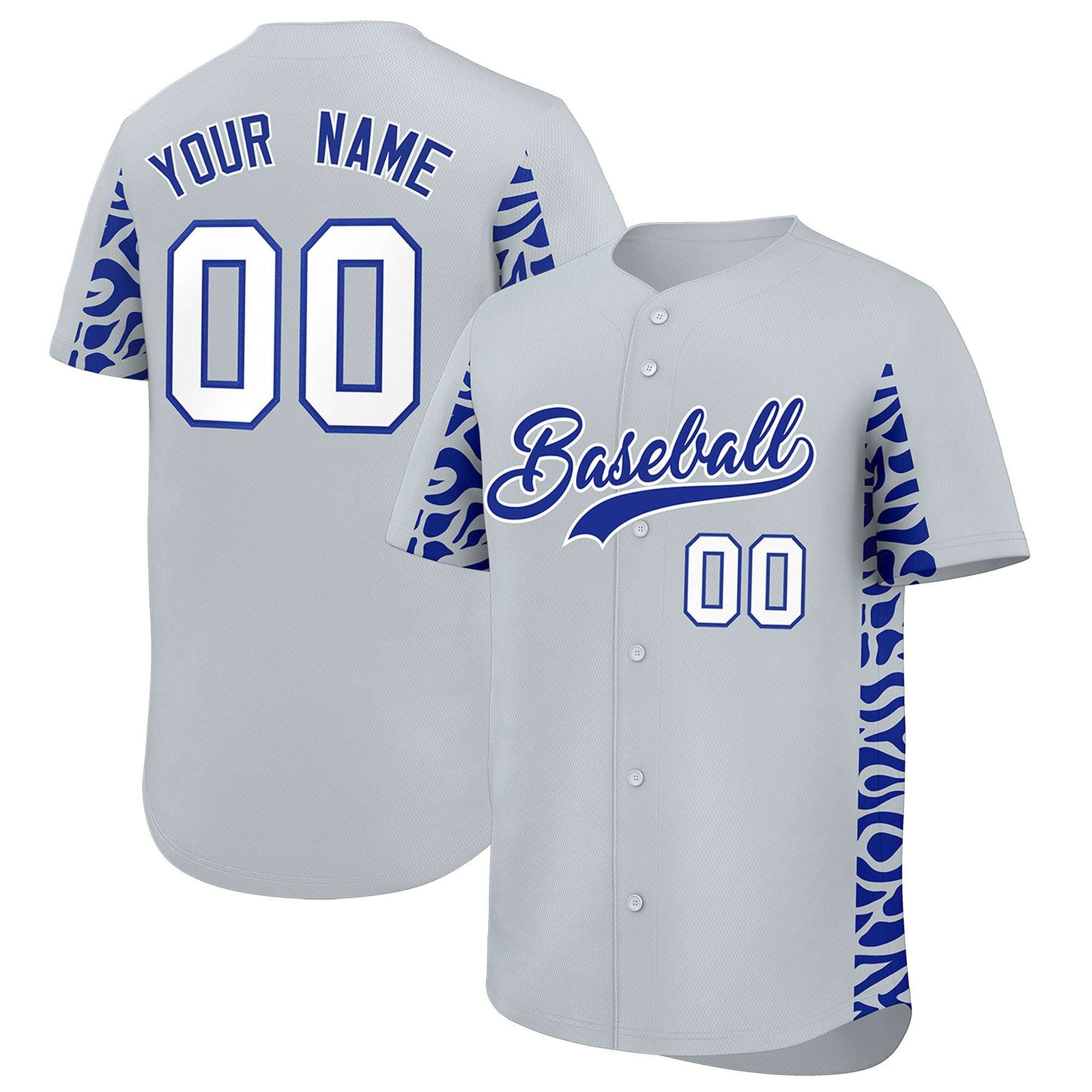 Custom Silver Royal Personalized Leopard Graffiti Pattern Side Design Authentic Baseball Jersey