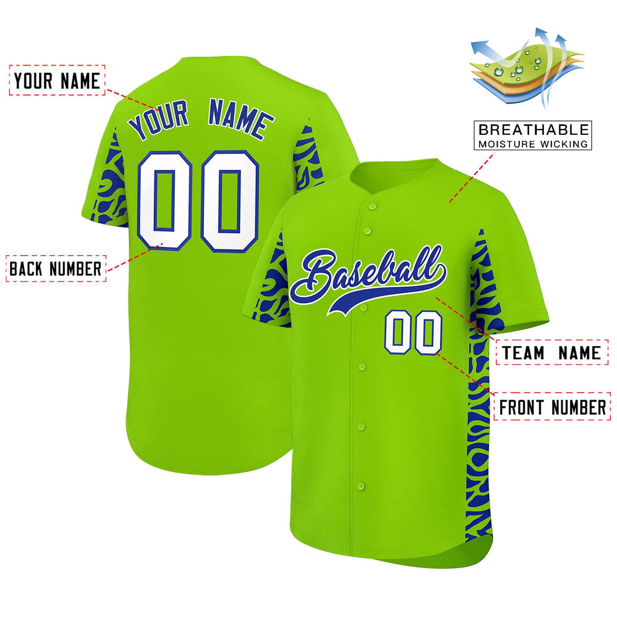 Custom Neon Green Royal Personalized Leopard Graffiti Pattern Side Design Authentic Baseball Jersey
