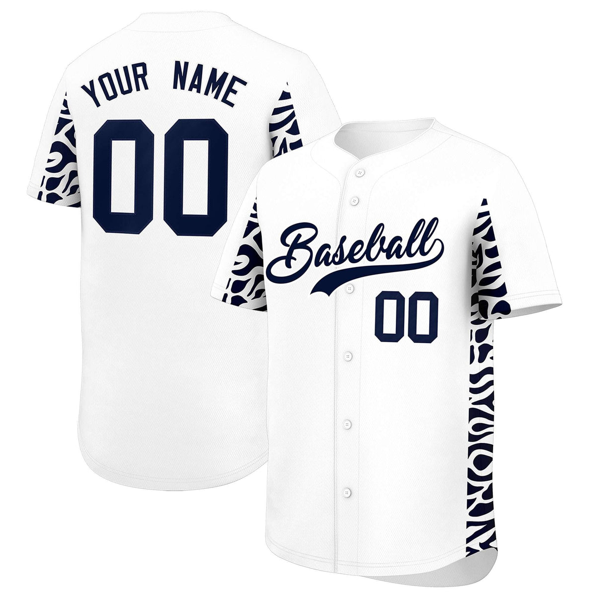 Custom White Navy Personalized Leopard Graffiti Pattern Side Design Authentic Baseball Jersey