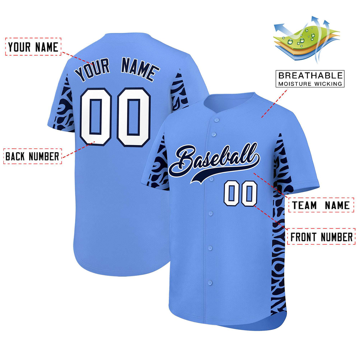 Custom Powder Blue Navy Personalized Leopard Graffiti Pattern Side Design Authentic Baseball Jersey