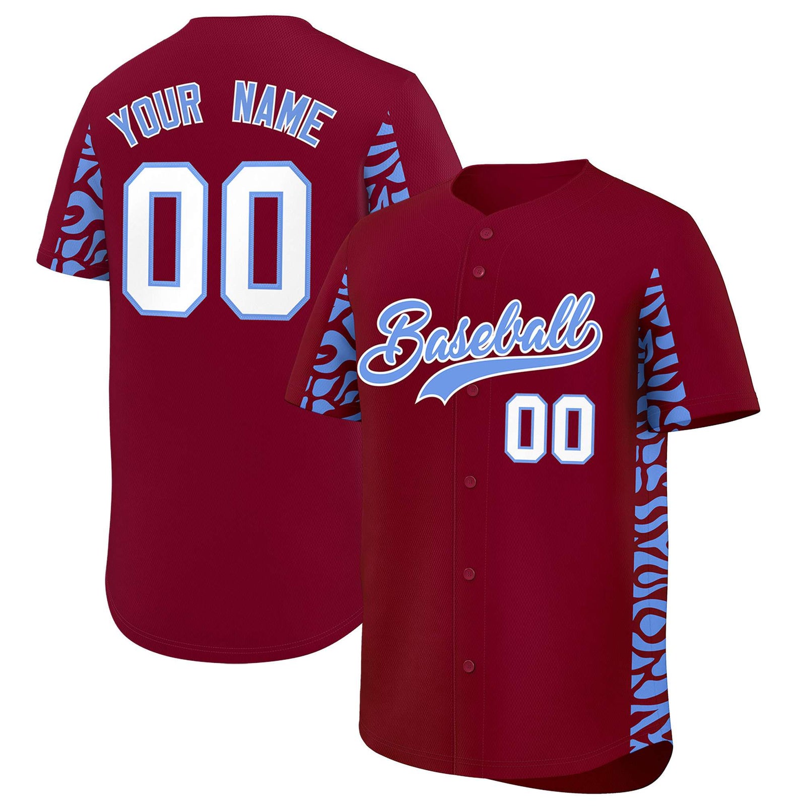 Custom Crimson Powder Blue Personalized Leopard Graffiti Pattern Side Design Authentic Baseball Jersey