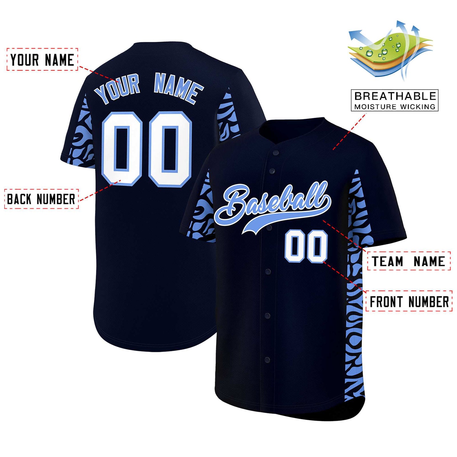 Custom Navy Powder Blue Personalized Leopard Graffiti Pattern Side Design Authentic Baseball Jersey