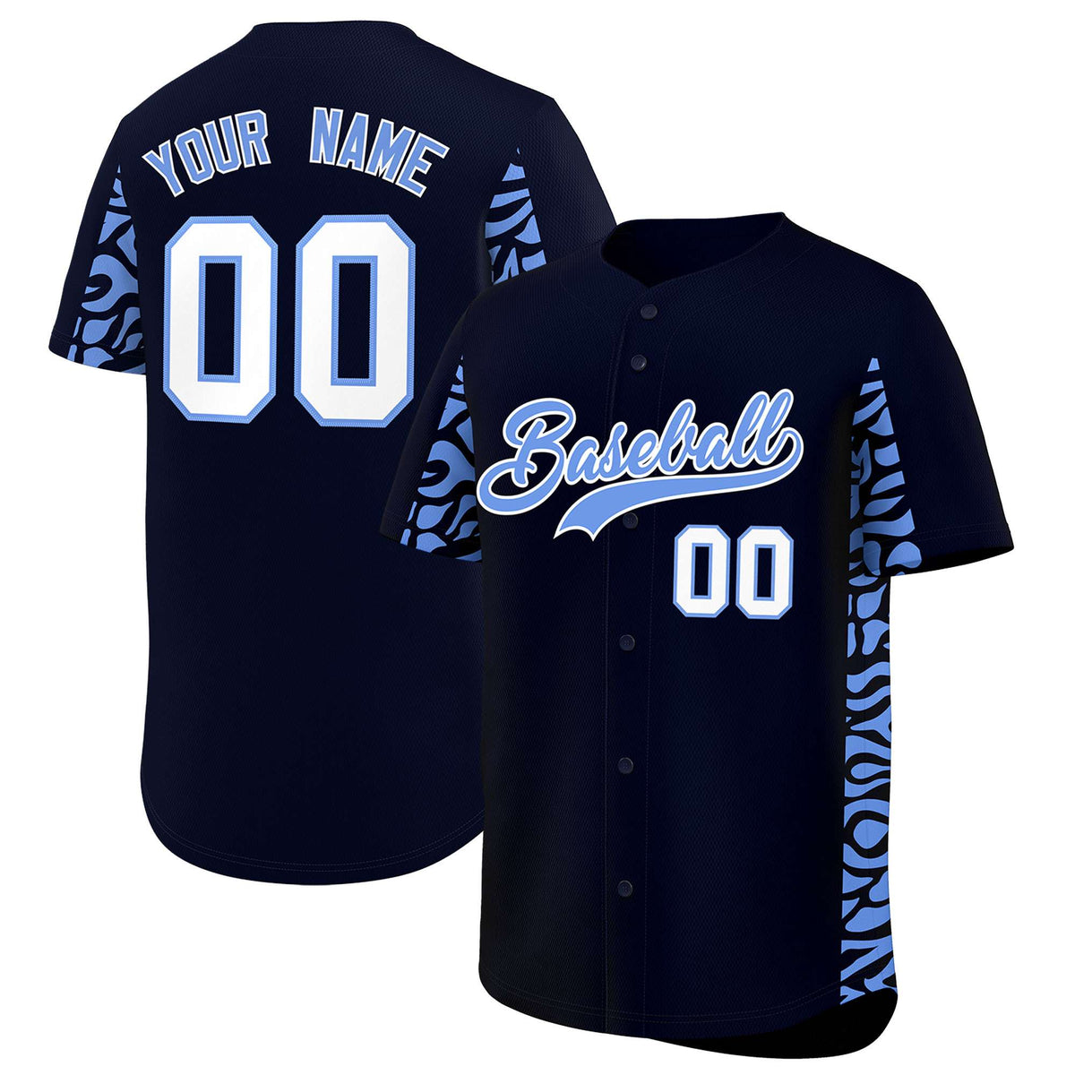 Custom Navy Powder Blue Personalized Leopard Graffiti Pattern Side Design Authentic Baseball Jersey