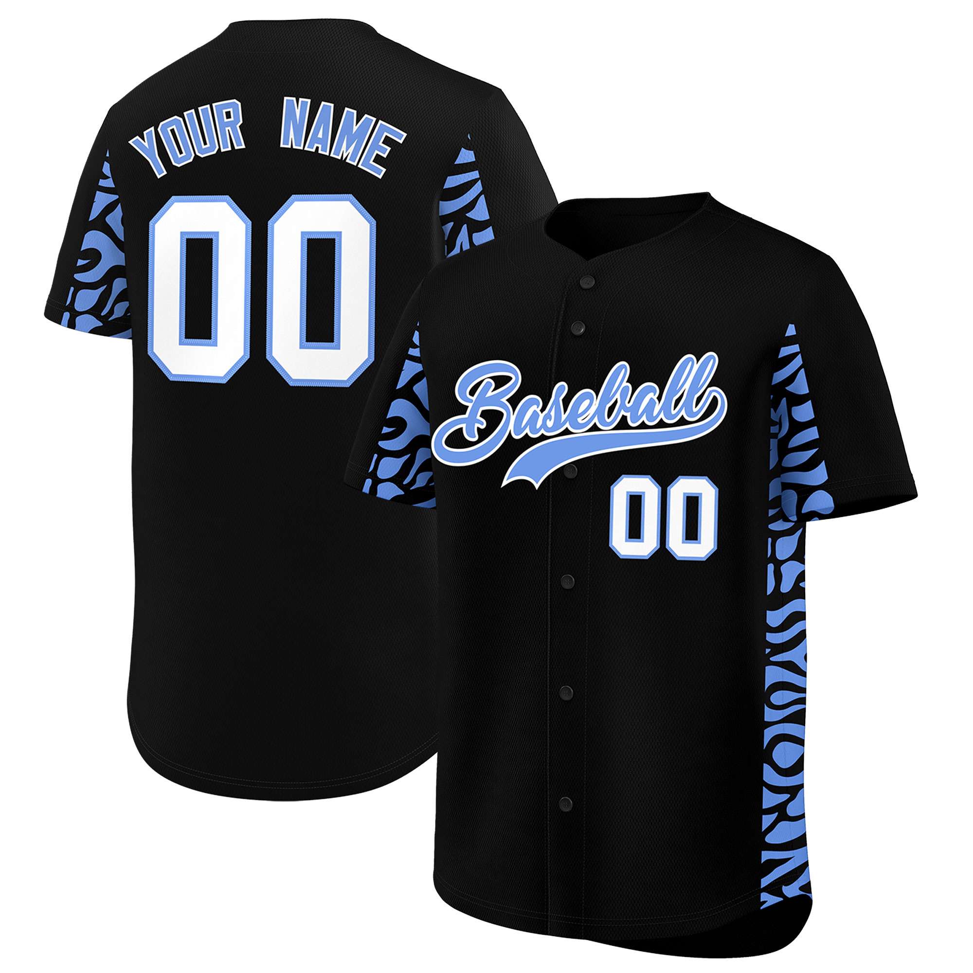 Custom Black Powder Blue Personalized Leopard Graffiti Pattern Side Design Authentic Baseball Jersey