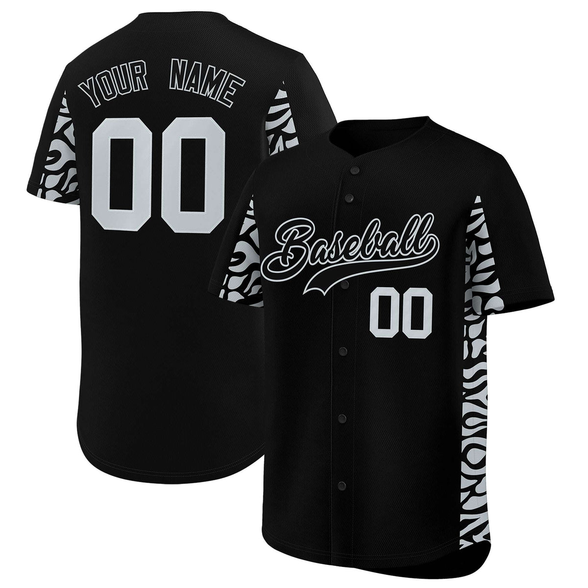 Custom Black Silver Personalized Leopard Graffiti Pattern Side Design Authentic Baseball Jersey