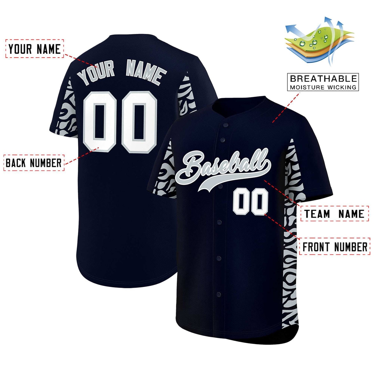 Custom Navy Silver Personalized Leopard Graffiti Pattern Side Design Authentic Baseball Jersey