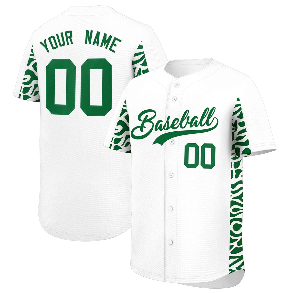 Custom White Kelly Green Personalized Leopard Graffiti Pattern Side Design Authentic Baseball Jersey